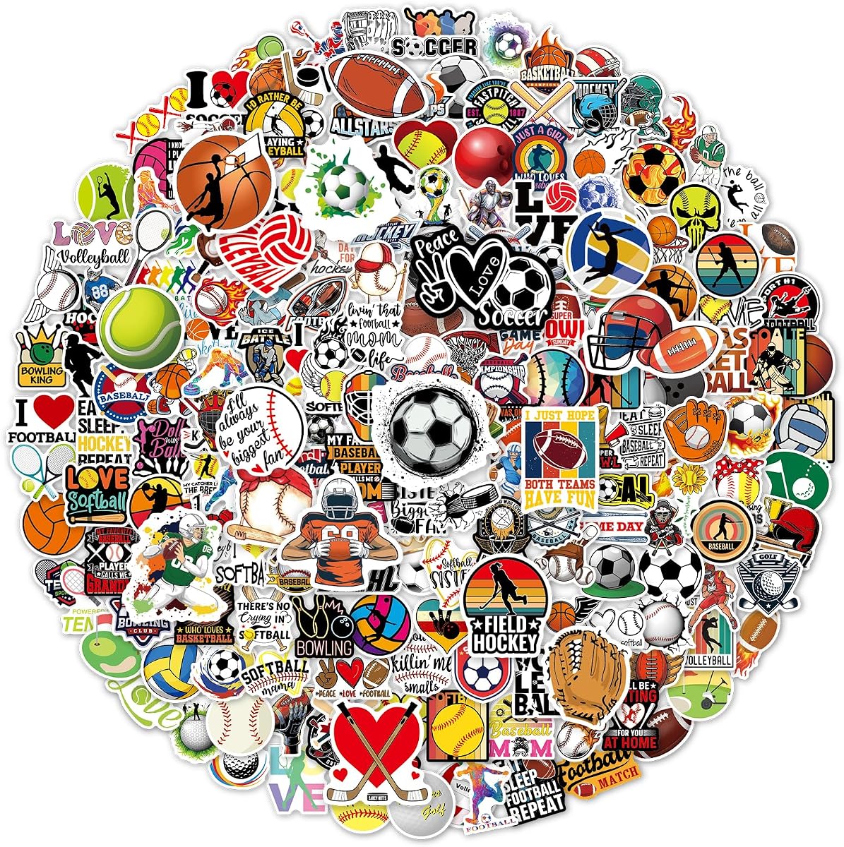 200 PCS Sports Stickers, Sports Vinyl Stickers for Water Bottles Laptop Skateboard Journaling Helmet, Basketball, Baseball, Football, Volleyball, Softball, Soccer Stickers for Kids, Teens, Adults