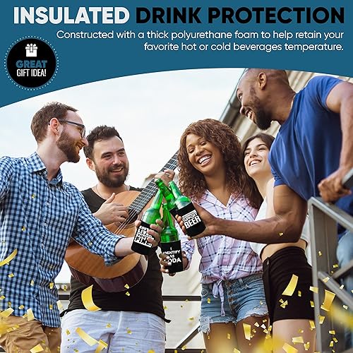 Miniatura 6 de Divertidos frases de fiesta de cerveza para latas de cerveza con aislamiento térmico para bebidas con soda, cerveza Hugger Coolies (negro, paquete
