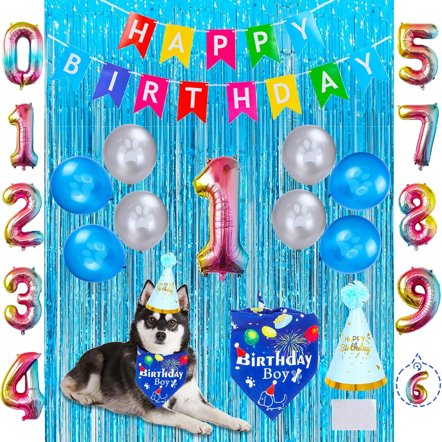 D-BUY Dog Birthday Party Supplies Dog Birthday Bandana Scarf Hat Happy Birthday Banner Rainbow Number Balloons Foil Fringe Curtain for…