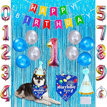 D-buy Dog Birthday Party Supplies Dog Birthday Bandana Scarf Hat Happy Birthday Banner Rainbow Number Balloons Foil Fringe Curtain for Pet Puppy Dog Party Decorations (Blue)