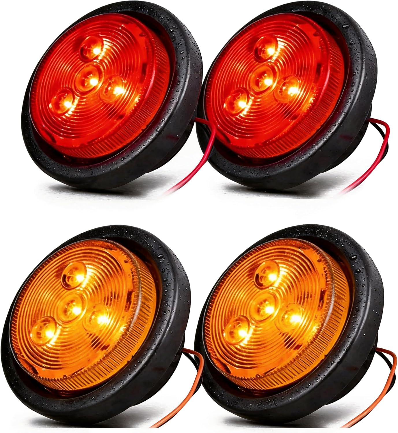 NEW SUN 2" Round Side Marker LED Trailer Lights, 4 Diodes 12V Red & Amber, Sealed Clearance Lights, Waterproof, with Grommet & 2-Pin Plug for Trailer, Truck, RV, Boat, Fender, 4 Pcs Pack