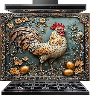 Tempered Glass Backsplash for Kitchen - Easy to Clean Behind Stove Backsplash Protector for Wall - Heat and Scratch Resistant Backsplash for Stove - Copper Rooster Design