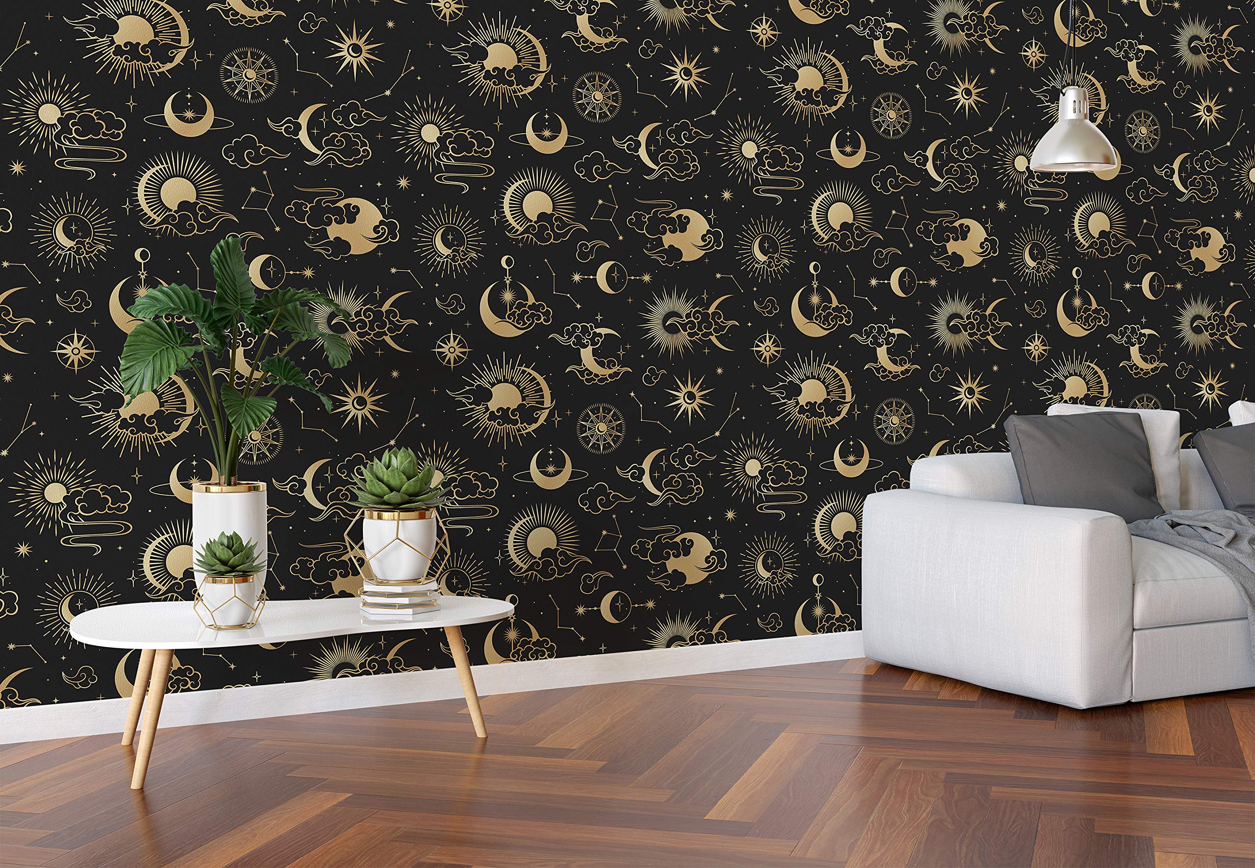 Astronomy Pattern Peel and Stick Wallpaper. Stars, Sun, Moon and Cloud. Removable Wall Mural #6208 (9ft H X 12ft W)