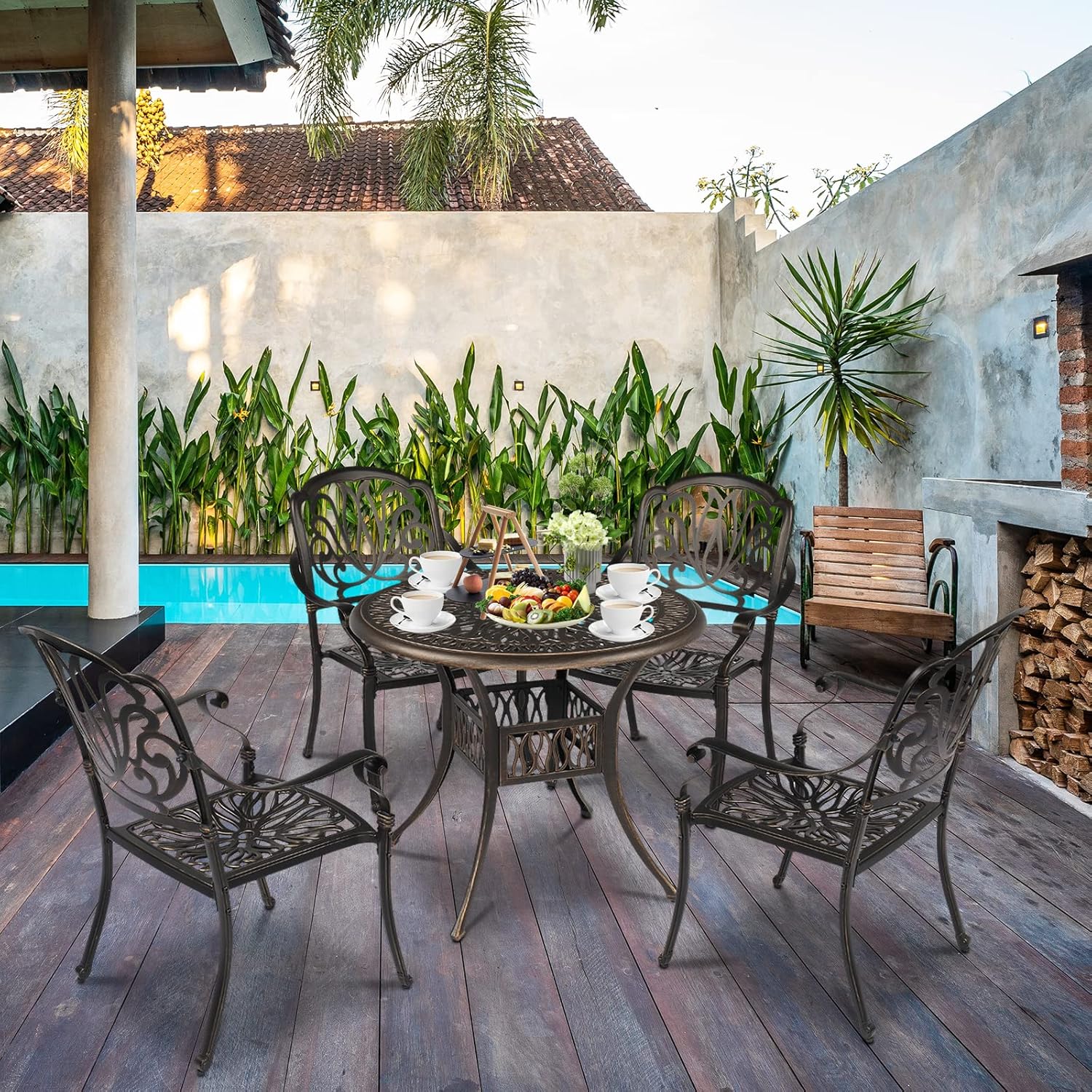 VINGLI Patio Chairs Set of 2, All-Weather Cast Aluminum Outdoor Dining Chairs, Metal Armchairs for Poolside, Backyard, Balcony (2, Elizabeth Back Without Cushion)