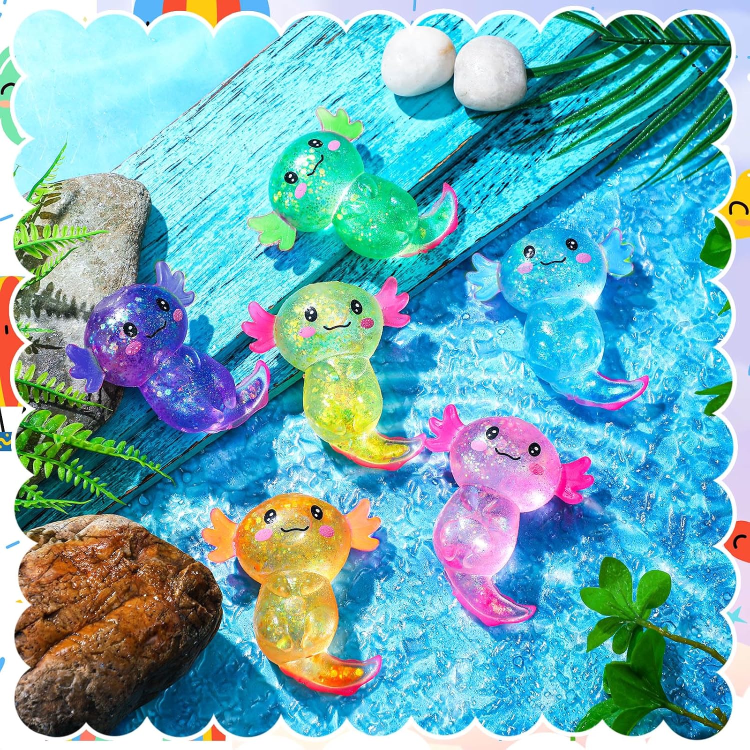Meooeck 12 Pcs Mini Axolotl Stress Relief Balls Salamander Fidget Sensory Items, Office Stress Relief, Birthday and Christmas Stocking Stuffers Gifts(Glitter Style,Plastic)