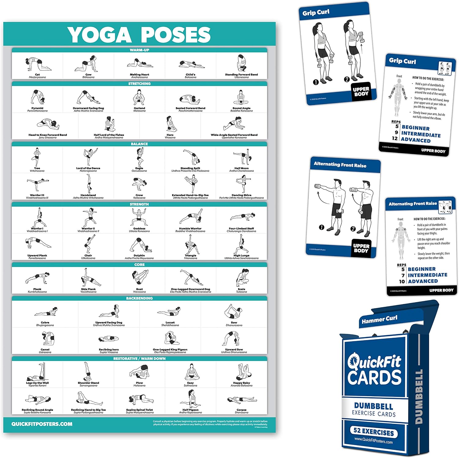 Palace Learning 2 Pack: Yoga Poses Laminated Poster + Dumbbell Exercise Playing Cards