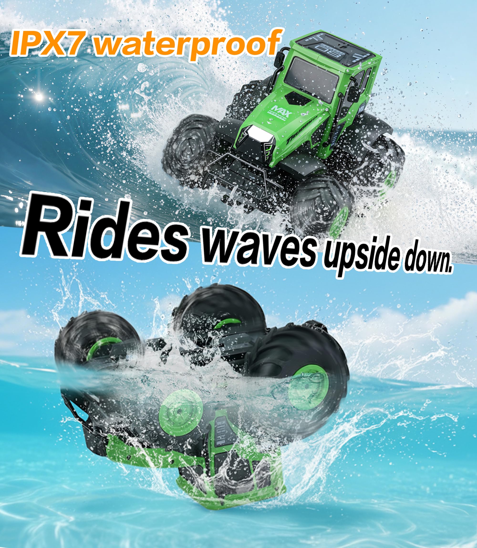 Coche Teledirigido Niños 1:14 Anfibio, 4WD Todo Terreno Agua y Tierra, RC Stunt Car Impermeable 2.4GHz, 360° Rotación 15km/h, 2 Baterías 1200mAh 90Min, Juguete Niño Niña 6+ Regalo Navidad Cumpleaños