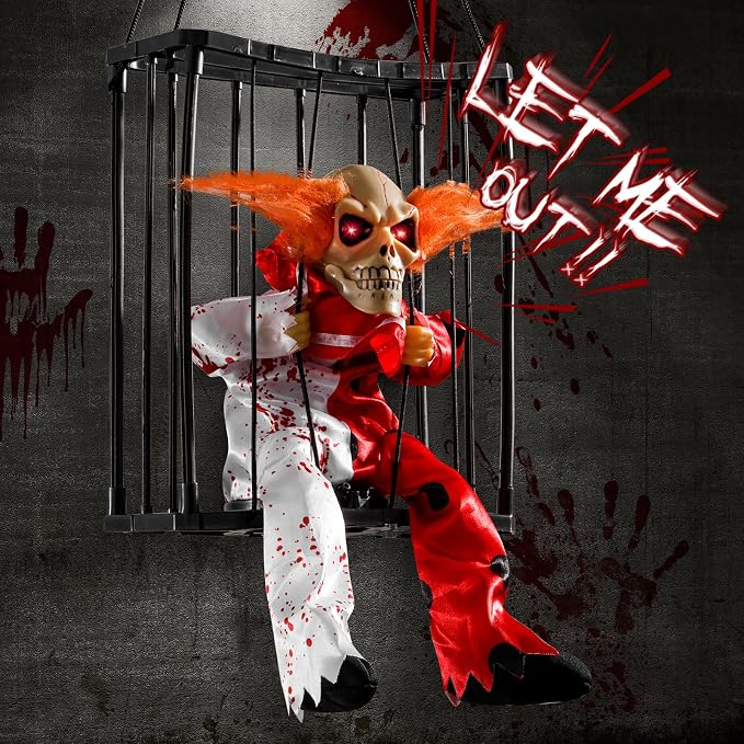 Screaming Halloween Decorations, Animated Halloween Decor,Clown Scary Skull Cage Prop with Motion Activated, Spooky Hanging Ghost Light Up Eyes for Haunted House Indoor Outdoor Decor
