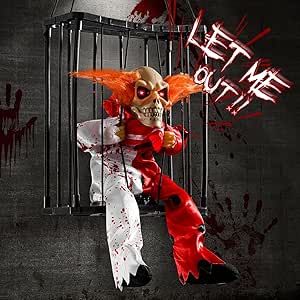 Scary Halloween Decorations, Animated Clown Skull Cage Prop with Motion Activation and Light-Up Eyes