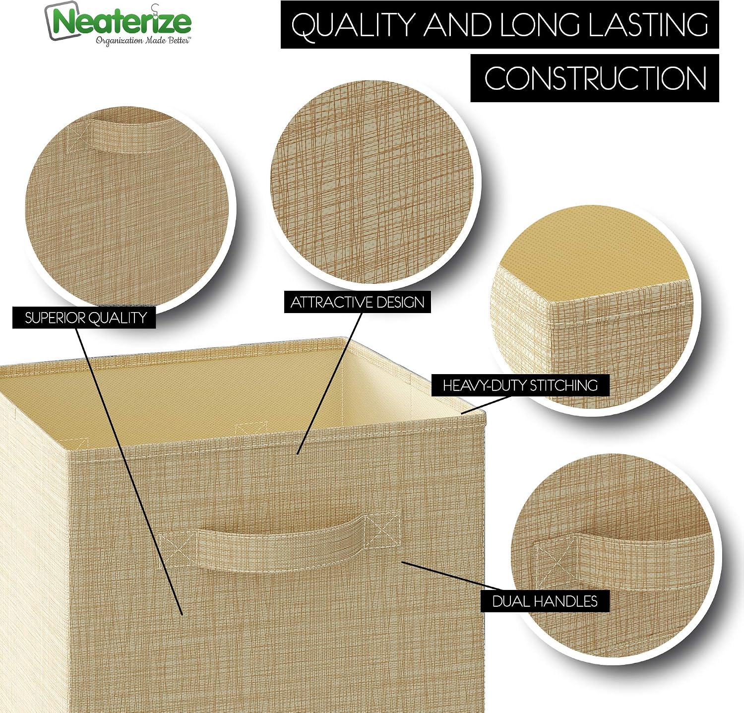 NEATERIZE Storage Cubes - Set of 6 Storage Bins | Features Dual Fabric Handles | Cube Storage Bins | Foldable Closet Organizers and Storage | Fabric Storage Box for Home, Office (Baige)