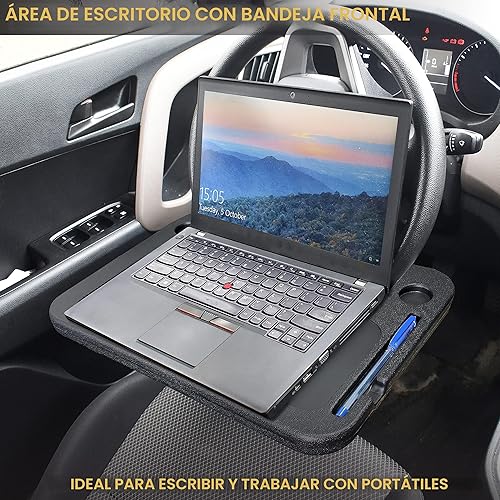 Vista 2 de EcoNour Escritorio 2 en 1 para volante de automóvil Bandeja para portátil con soporte para bolígrafo Consola de escritorio para automóvil