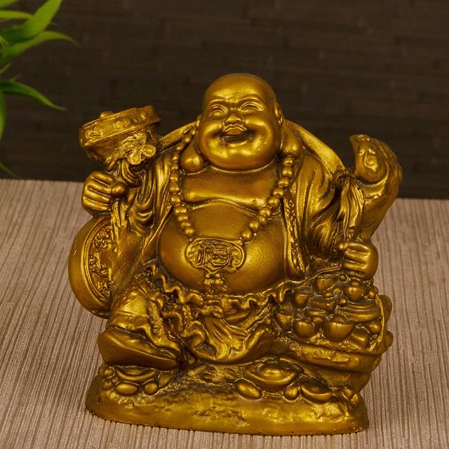 TIED RIBBONS Gold Plated Laughing Buddha for Money and Wealth and Good Luck (12 cm X 11.5 cm) - Maitreya Buddha Statue