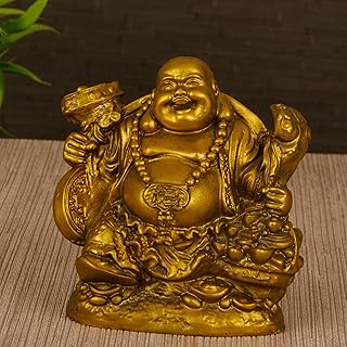 TIED RIBBONS Laughing Buddha Statue for Good Luck Front Door Feng Shui Decor for Home Gold Buddha Statue for Office Desk Happy Buddha Decorations for Living Room Buda Figure