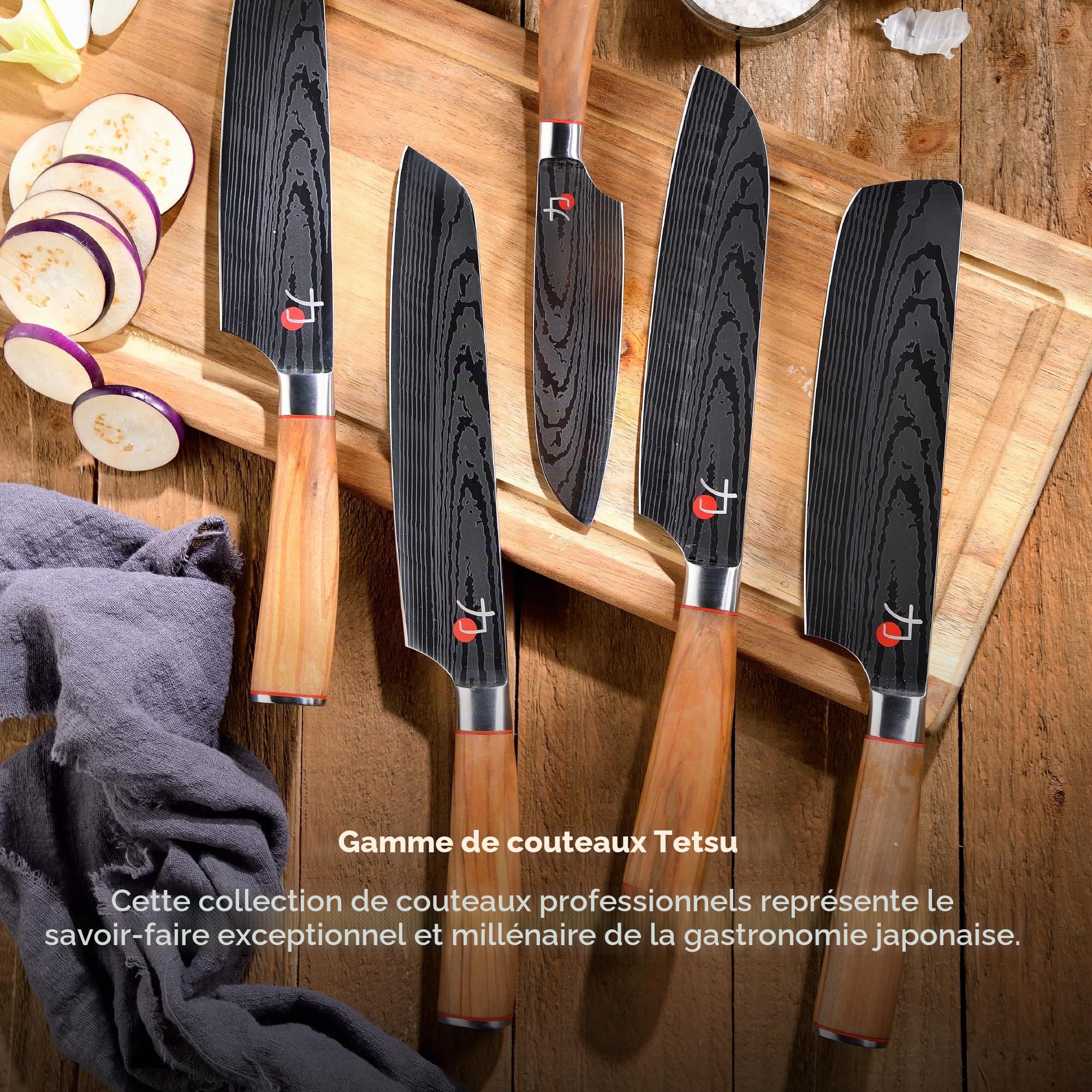 MasterPRO Tetsu | Couteaux de cuisine | Ensemble complet de 5 couteaux japonais | Parfait pour couper tous les types d'aliments | Cuisine Professionnelle | Manche en Bois d'Olivier