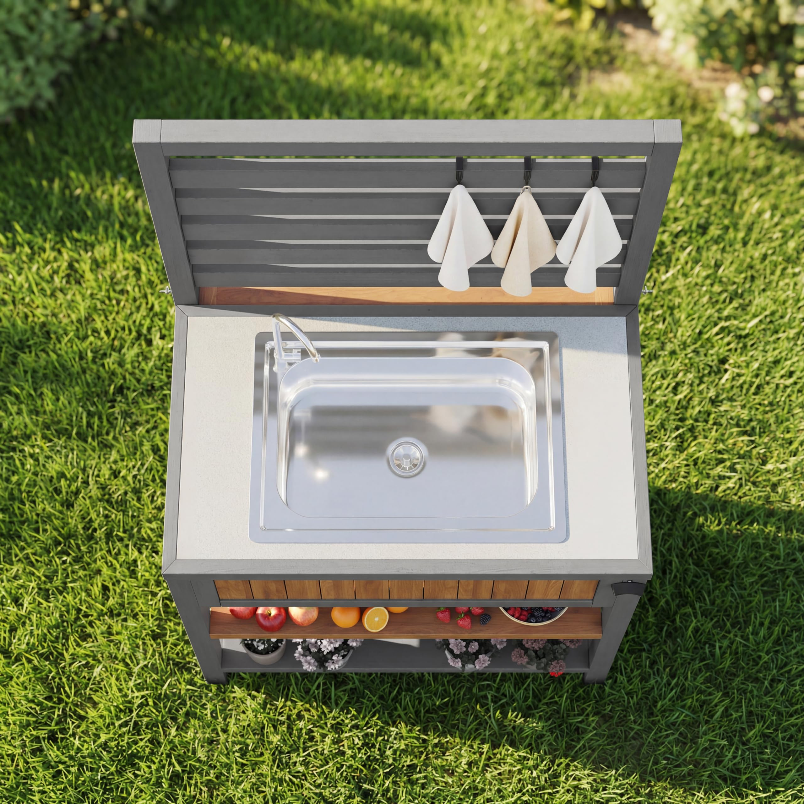 Gartenschrank mit Wasserbecken & Wasserhahn integriertem Flaschenöffner – wetterfester Geräteschrank mit großer Arbeitsfläche & Schublade, Grillstation mit verstellbaren Regalen