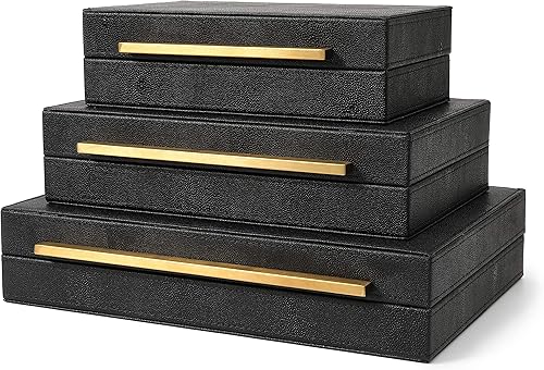 Miniatura 2 de Kingflux - Juego de 3 cajas decorativas de cuero sintético negro Shagreen, cajas de almacenamiento, organizador de joyas, organizador de accesorios