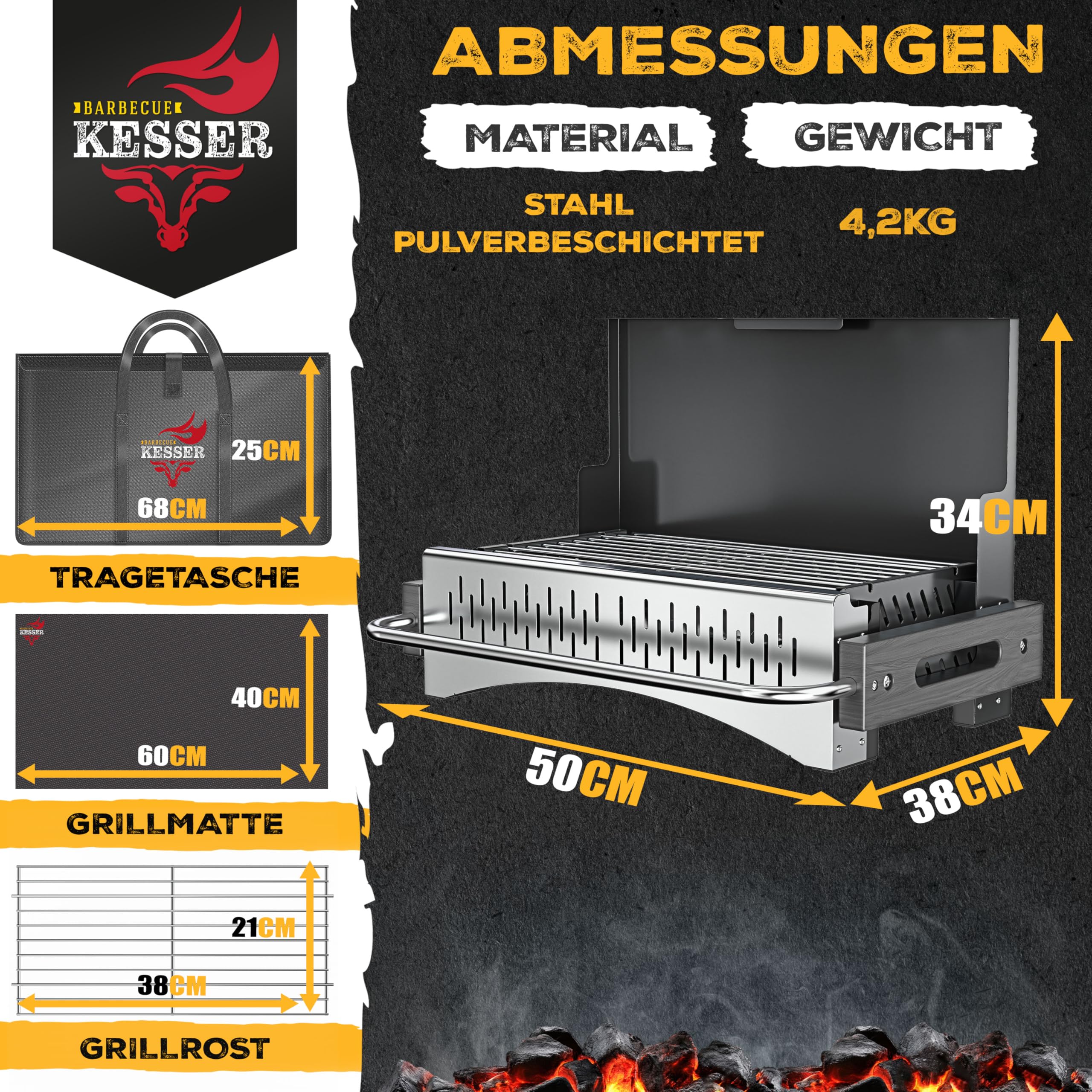 KESSER® Barbecue pieghevole portatile da campeggio | Barbecue a carbonella in acciaio verniciato a polvere con griglia, tappetino per barbecue e borsa per il trasporto | pieghevole ideale per