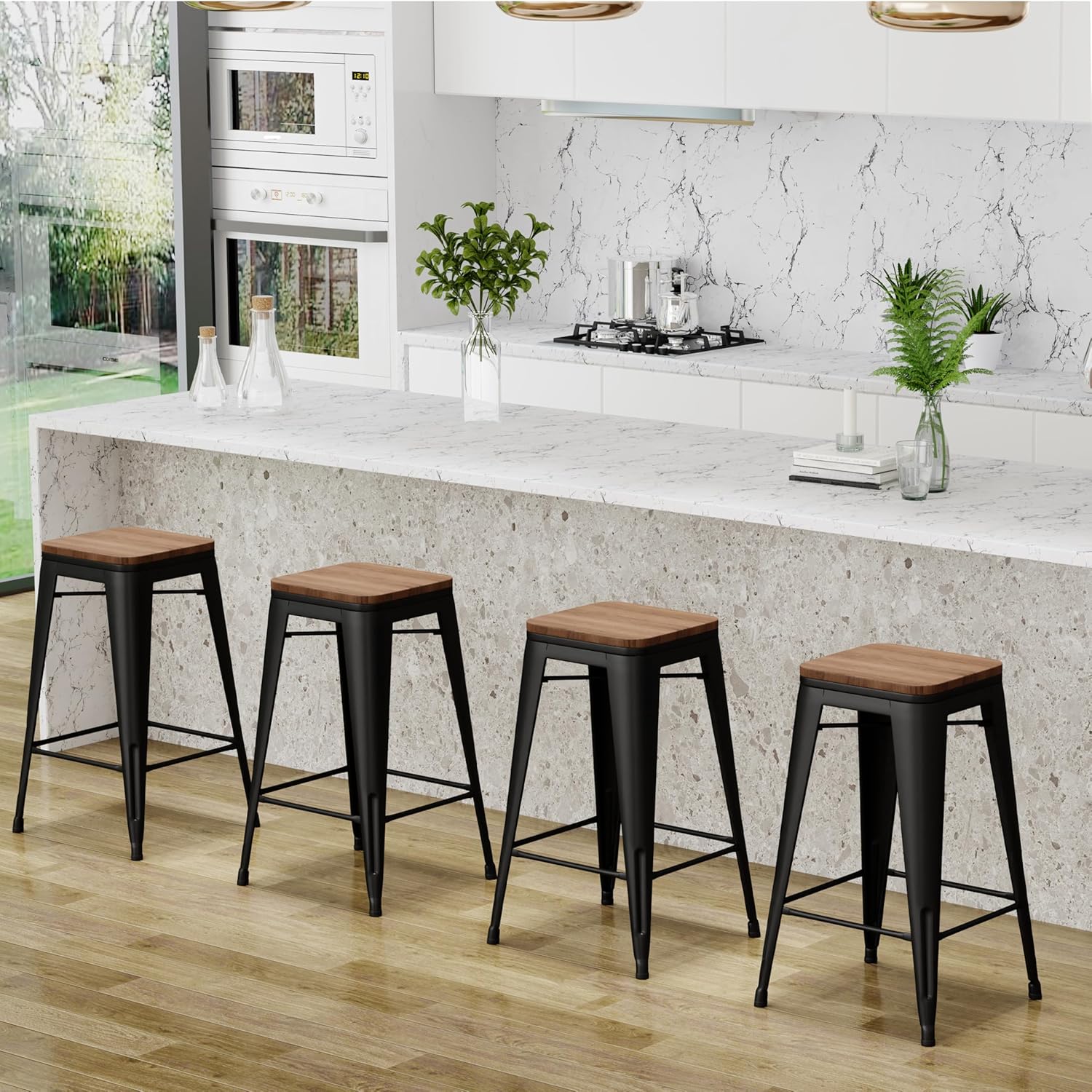 Changjie Furniture Bar Stools Set of 4 with Wooden Seat Backless Barstools Industrial Counter Height Bar Stools Stackable for Kitchen (26 inch, Matte Black)