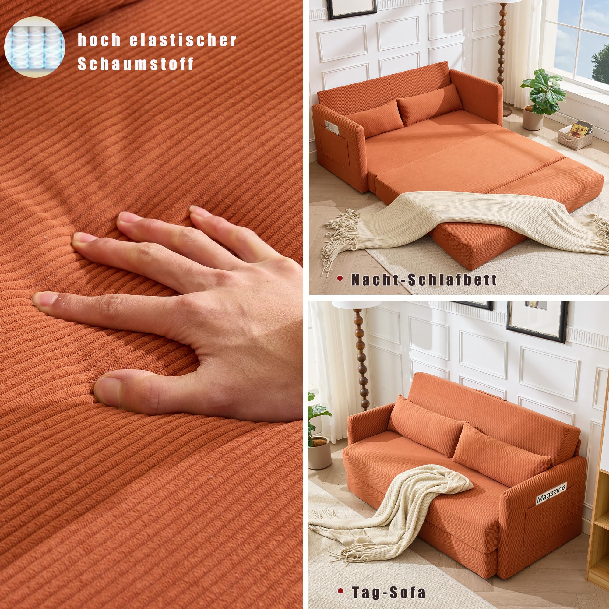 Generisch 2 w 1 sztruksowa sofa składana 2-osobowa, pomarańczowa sofa z poduszką