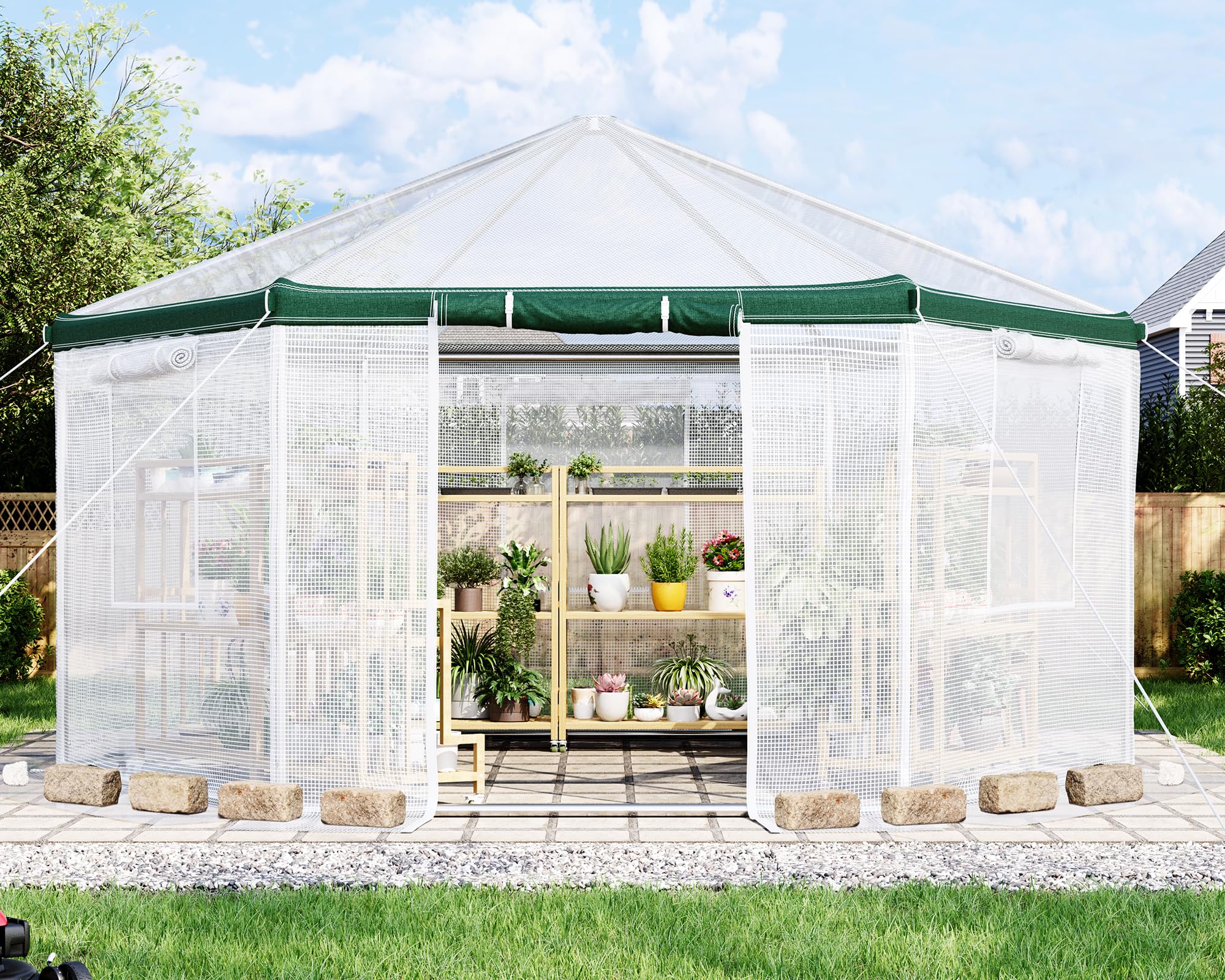 AMERLIFE 13.5x13.5x9 Ft Hexagonal Walk-in Greenhouse - Heavy Duty Outdoor Garden Greenhouse With PE Cover