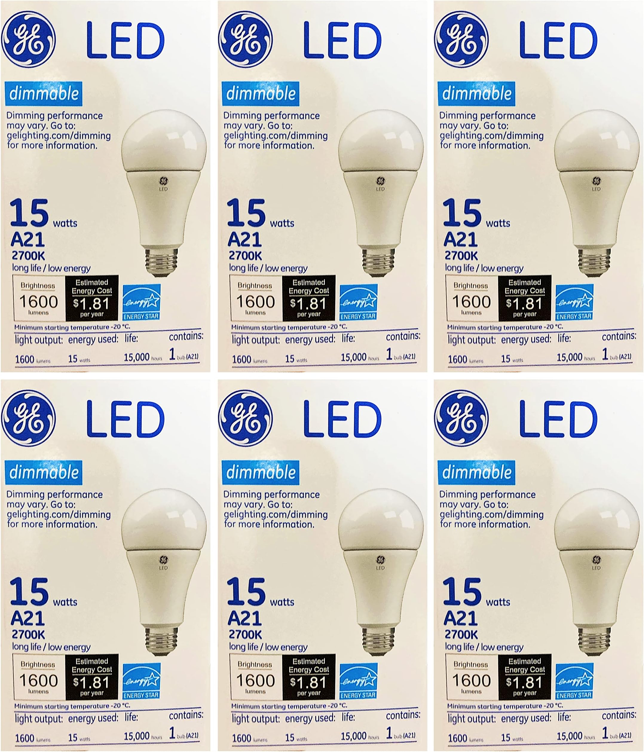 (Pack of 6) GE A21 LED Bulb LED15DA21/827, A21 Shape,15 watt,1600 lumens LED Light