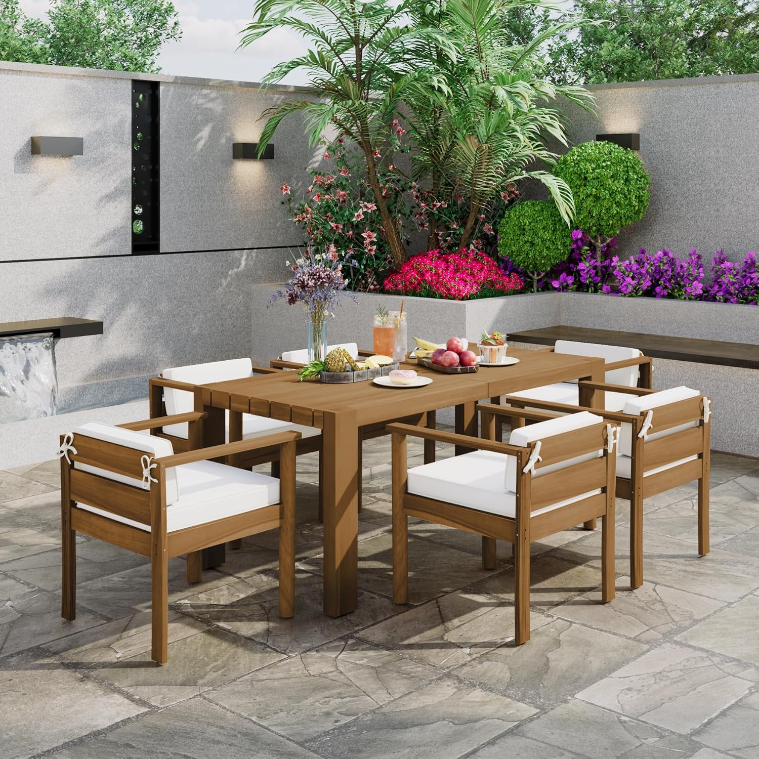 7-Piece Outdoor Patio Dining Set for 6 with Removable Cushions, Rectangle Table and Chairs for Backyard, Garden, Poolside (Light Teak, Beige Cushion)