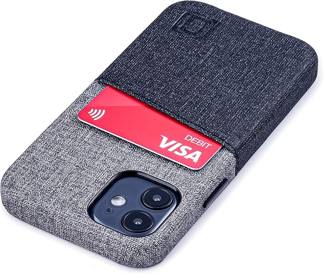 Dockem Wallet Case for iPhone 12 mini: Built-in Metal Plate for Magnetic Mounting & 1 Credit Card Holder: 5.4" Luxe M2, Canvas Style Synthetic Leather (Black and Grey)