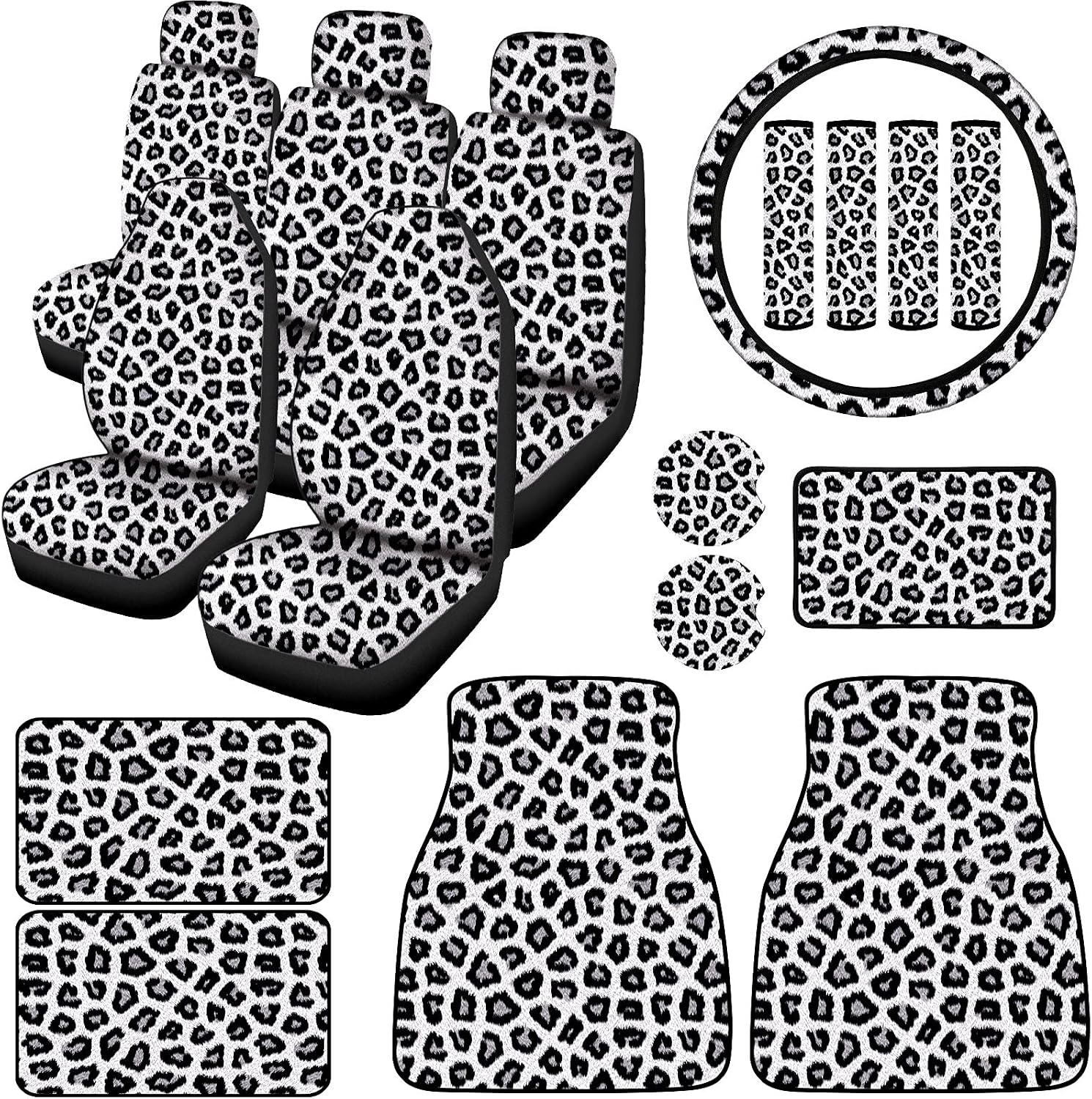 19 Pieces Leopard Seat Covers Leopard Steering Wheel Cover Leopard Print Car Accessories Car Floor Mats Seat Belt Pads Car Coasters Armrest Pad for Car Decoration and Protection (White Leopard)
