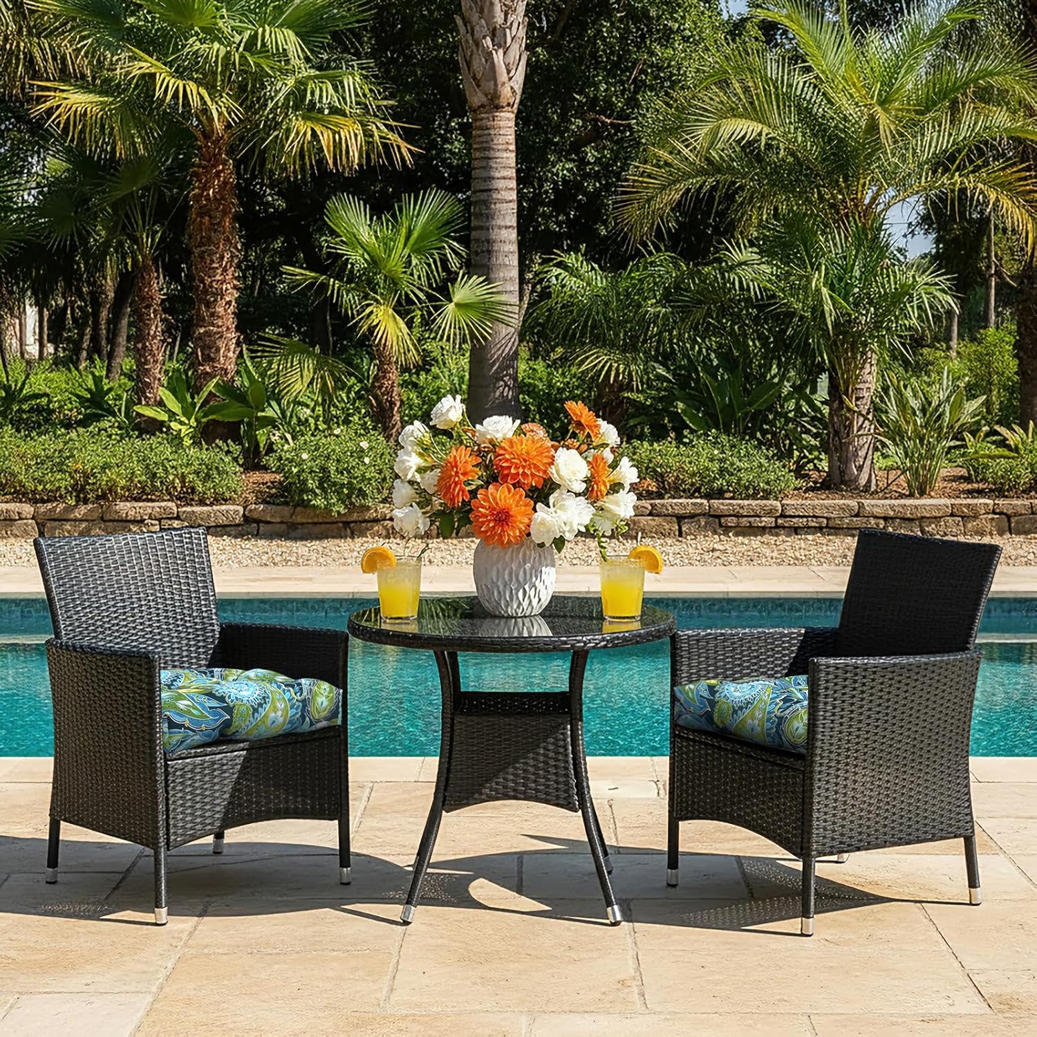 LVTXIII Outdoor Wicker Chair Cushions, 19"x19"x4" Patio Chair Cushions with Ties, Water Repellent Thick Tufted Seat Cushions for Patio Furniture, Set of 2, Paisley Lapis Green