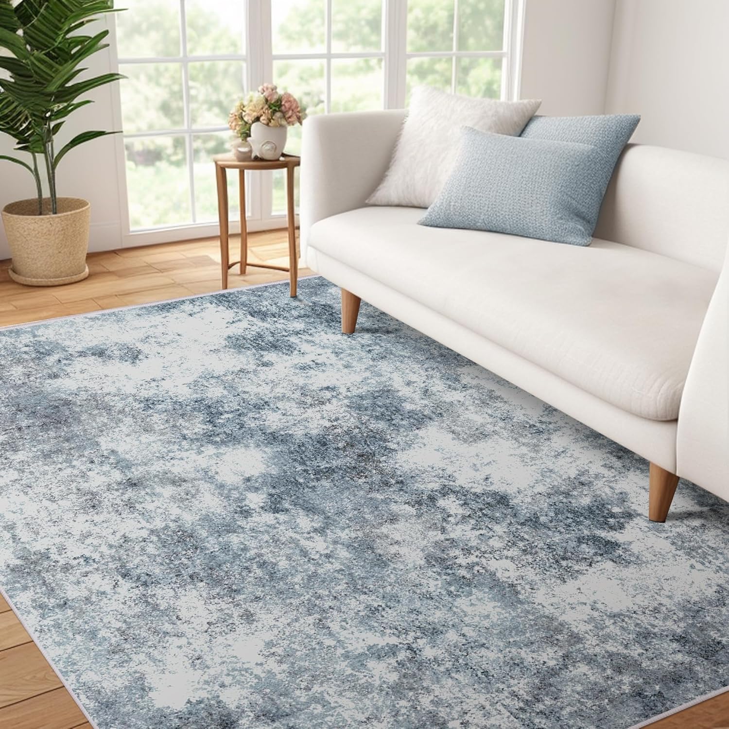 Modern Abstract Area Rug, 5x7 Washable Large Living Room Rugs for Bedroom, Soft Non Slip Contemporary Low Pile Indoor, Deerly 5x7 Rug for Kitchen Entryway Bathroom Bedroom Dining Room, Blue/Grey/White