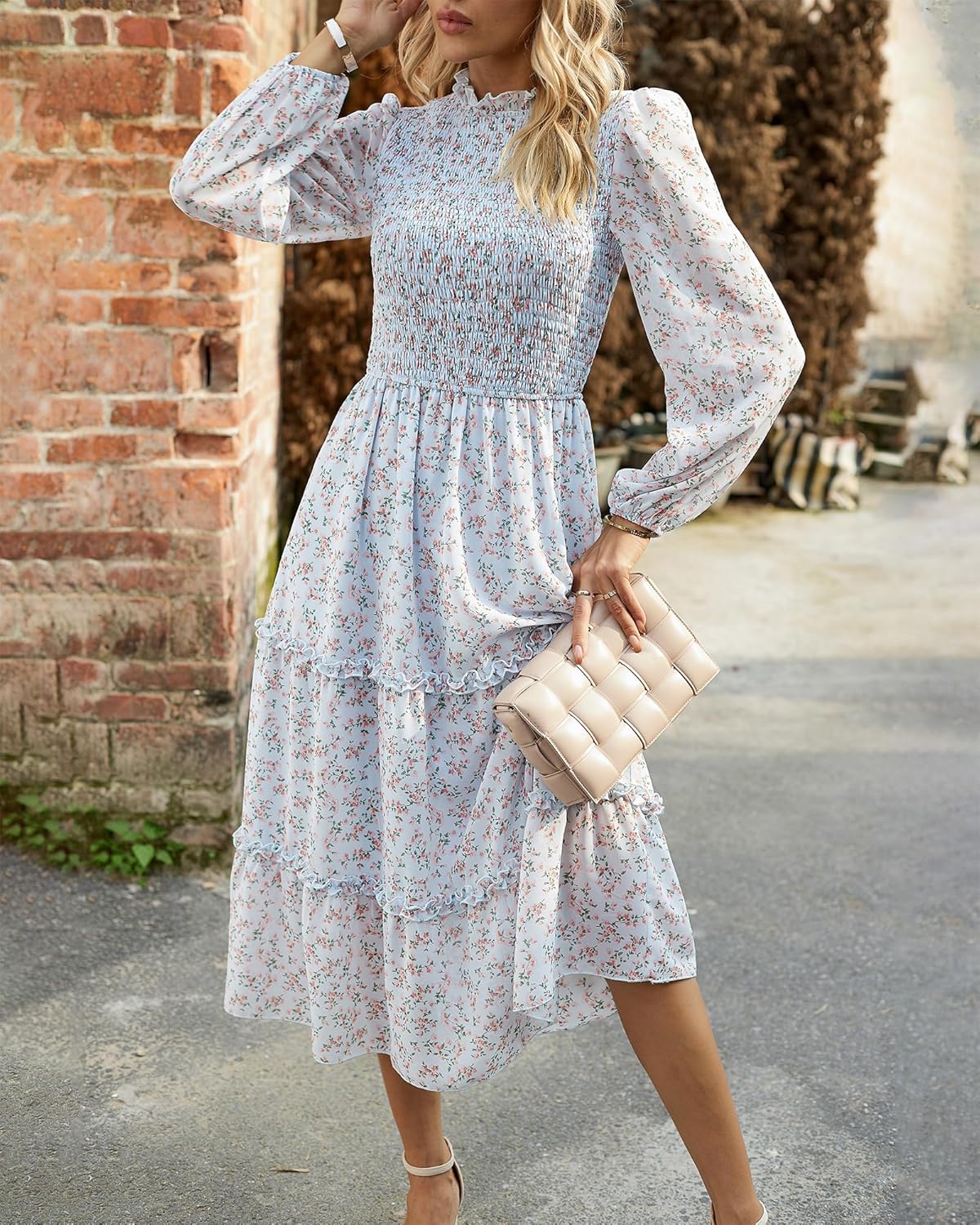 NOLLSOM Women 2026 Spring Dress Floral Boho Dress Casual Long Sleeve Crew Neck Ruffle A-Line Flowy Wedding Guest Maxi Dresses