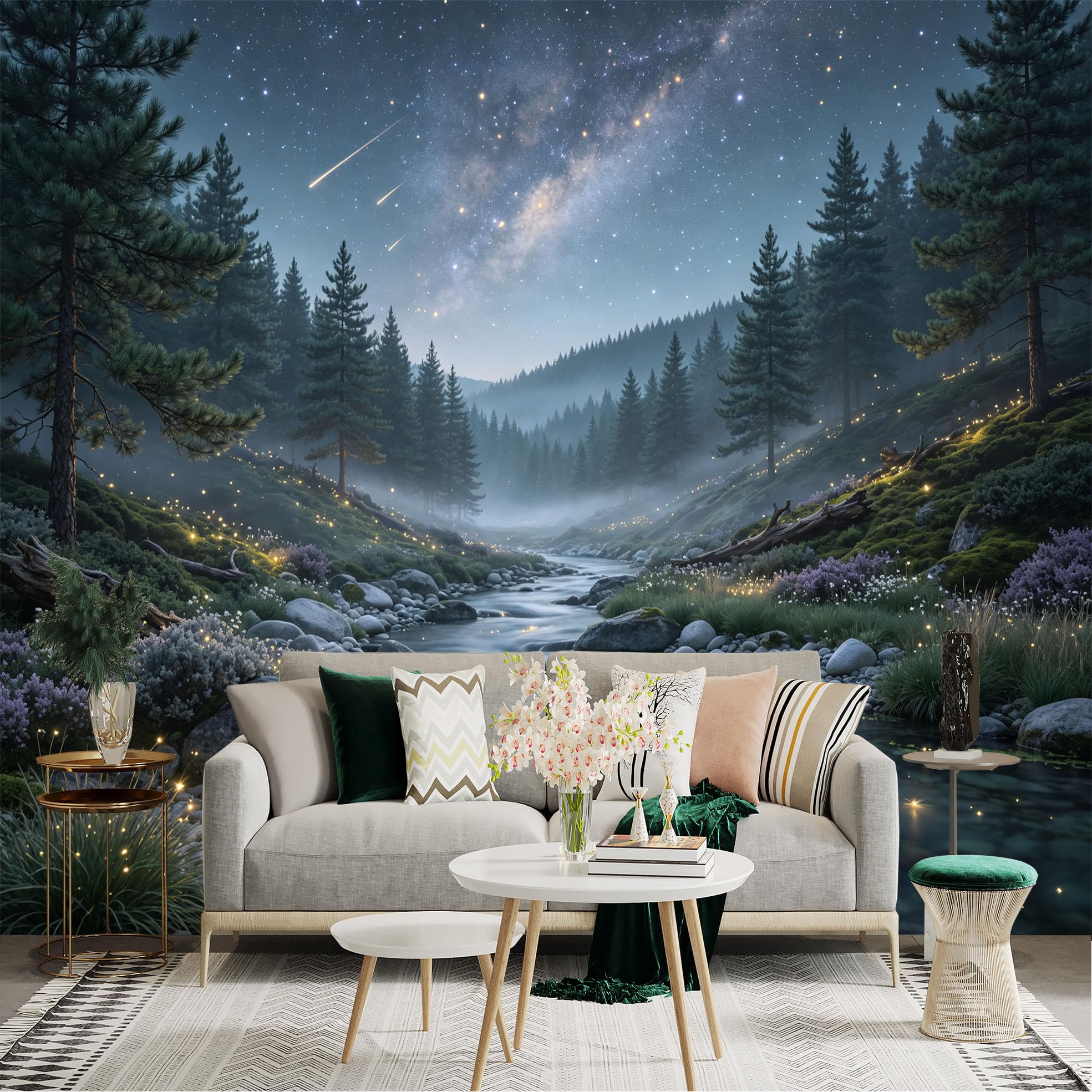Lnzczhyre Bh260719178 Custom Size Wall Sticker Mural， Enchanted Stream In Misty Forest， Night Sky With Glowing Fireflies， For Wall Decoration， Peelandstick Wall Decals.
