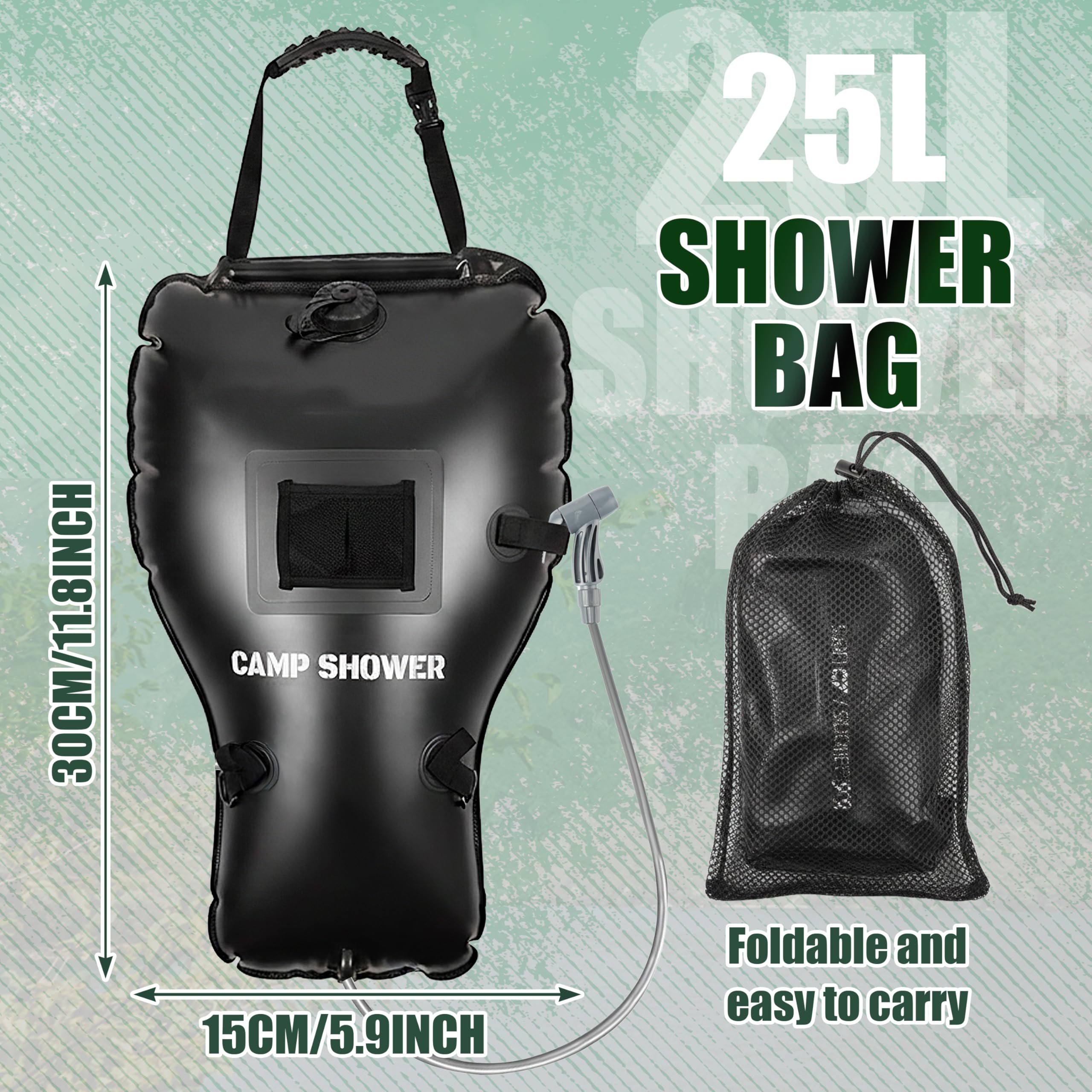 Doccia portatile per campeggio con grande flusso d'acqua da 25 litri, borsa da doccia da campeggio, accessori con tubo rimovibile e soffione per doccia commutabile on-off per escursionismo