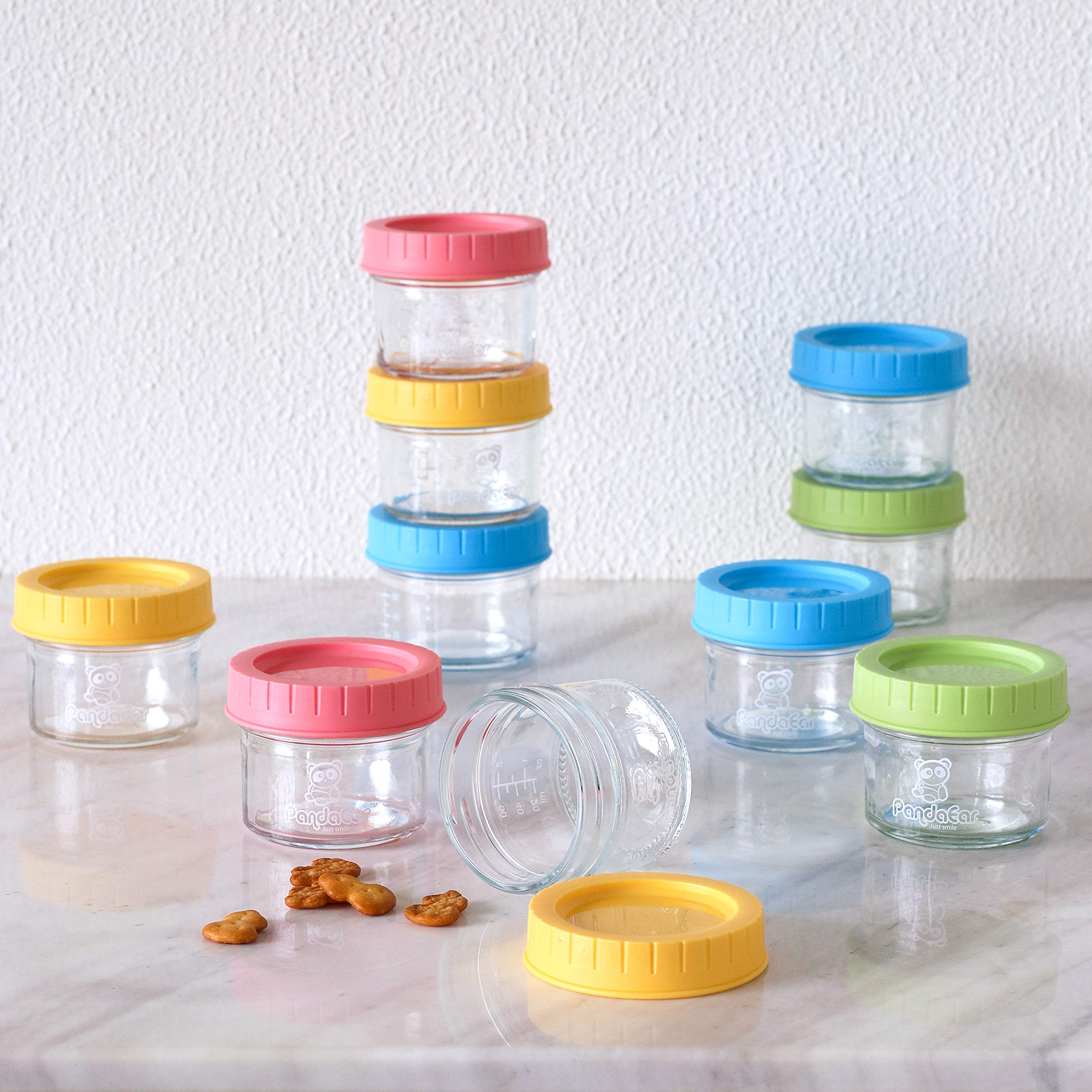 PandaEar (confezione da 12 barattoli di vetro per alimenti per bambini | Conservazione del congelatore per piccoli contenitori riutilizzabili da 4 once con coperchi ermetici a prova di perdite