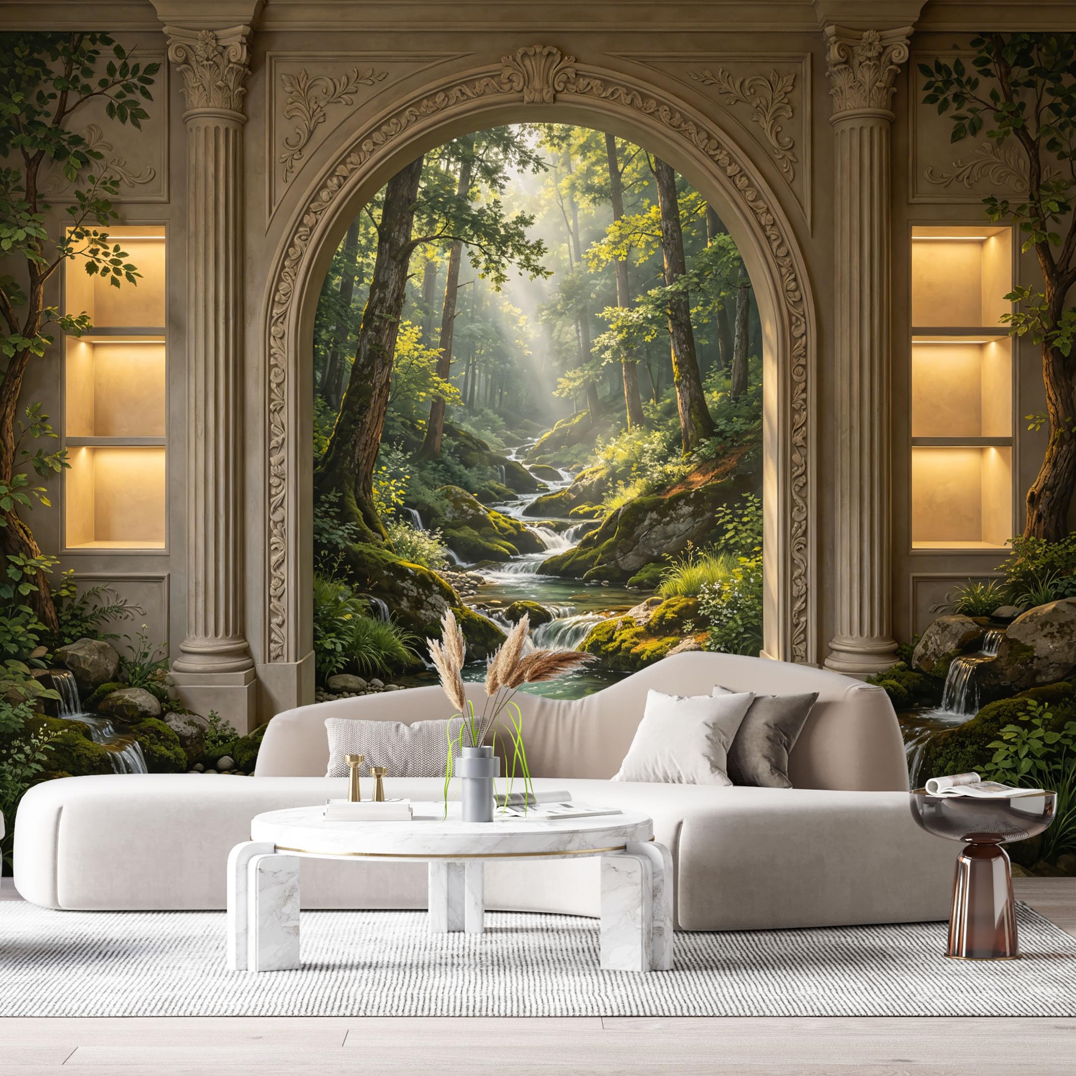 Custom Size Wall Murals Forest Landscape Neoclassical Stone Archway Waterfall 3D Trompe L'Oeil SelfAdhesiveWall Fabric Removable Wallpaper Wall Decor for Living Room Bedroom Bathroom