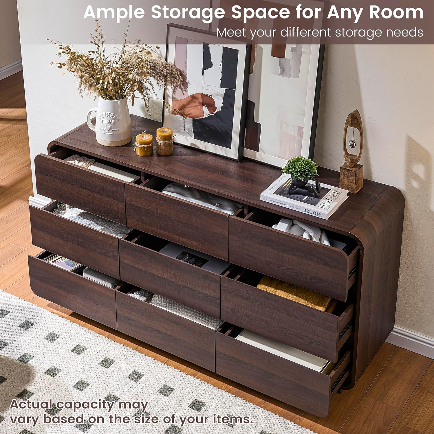 Modern Walnut 9-Drawer Curved Dresser - Bedroom Storage Chest 57"W