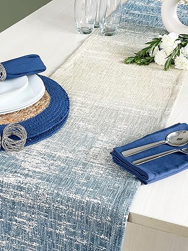 Miniatura 4 de CHARDIN HOME Camino de mesa texturizado degradado, camino de mesa de algodón hilado a mano azul-gris y beige, 14 x 72 pulgadas, tapete impreso,