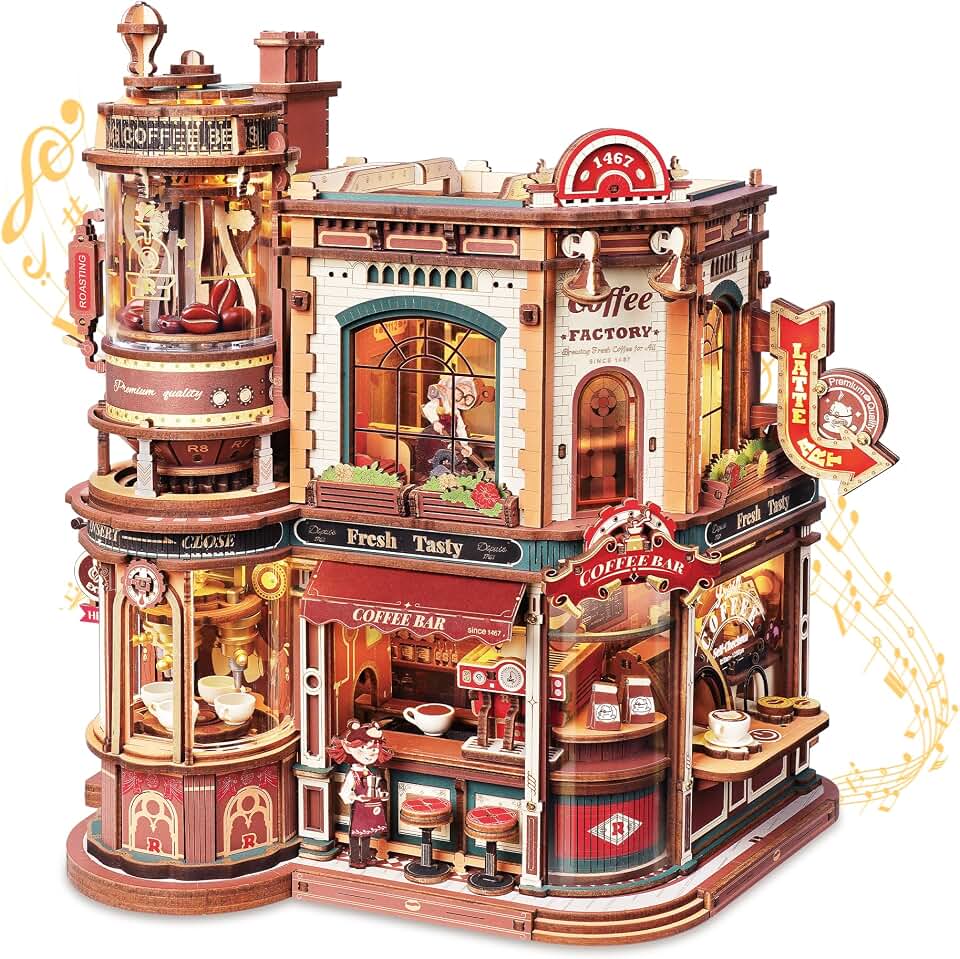 ROKR Moving Dream Coffee Factory DIY Miniature House Kit - 3D Wooden Puzzles for Adults with Music Box &amp; LED Lights, No Glue Kinetic Model Building Kit, Unique Home Decor Gifts for Adults Women Men