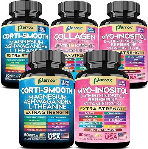 She Shines Set 5 en 1 Premium Bundle con doble soporte de cortisol y mio-inositol + complejo de colágeno  Ashwagandha, D-Chiro inositol, DIM,