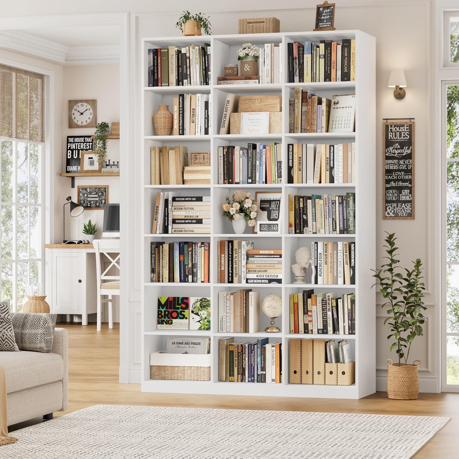 HOSTACK 86" H Triple Wide Bookshelf and Bookcase, 7 Tier Tall Bookshelf with Storage, Large Bookcase with 21 Open Display Storage Shelves, Wood Book Shelf Media CD DVD Storage for Living Room, White