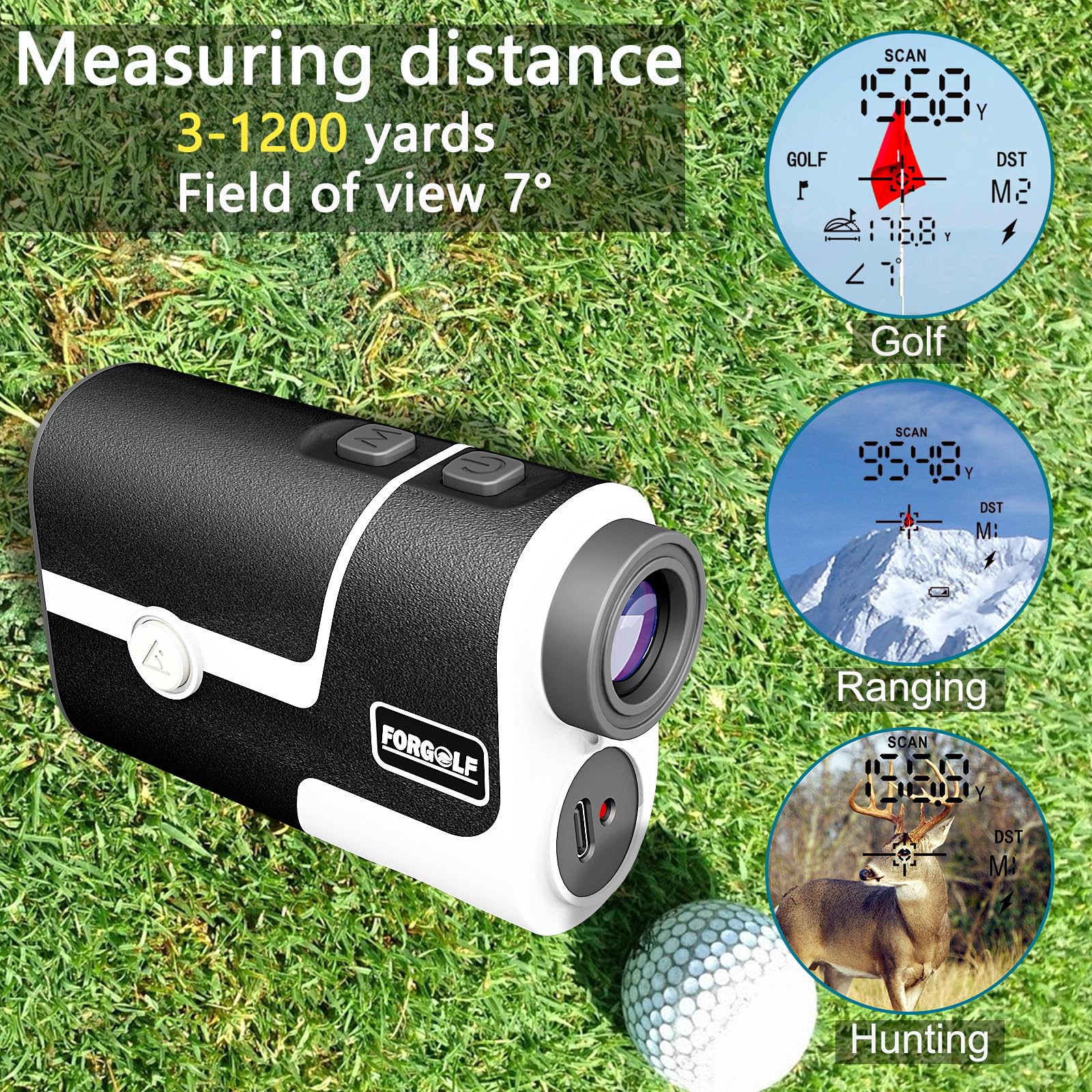 Telémetro de golf con compensación de pendiente, 1200 yardas, aumento 7X, adecuado para golf, caza, deportes al aire libre, con vibración de bloqueo de mástil, función magnética, carga USB-C
