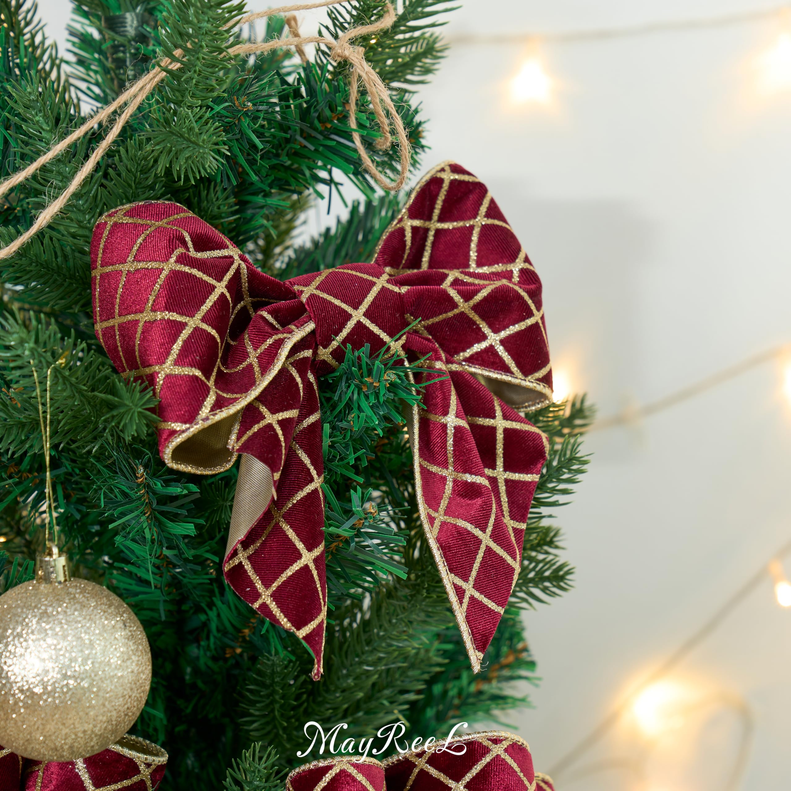 MAYREEL Burgunderrotes und goldenes Weihnachtsbaumband, 10,2 cm, metallischer Diamant-Glitzer, Samt, Drahtkante, Gitterband für Geschenkverpackungen, Blumenhandwerk, Schleifen, Kränze, Girlande,