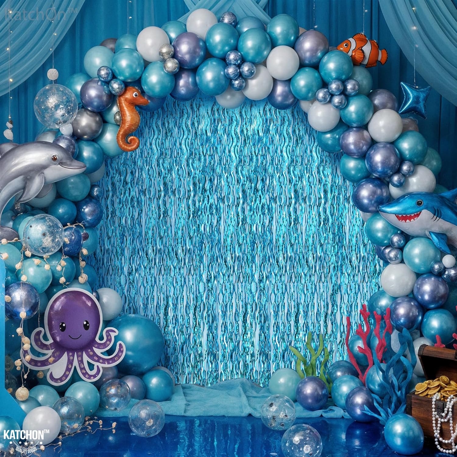 Katchon, Xtralarge Wavy Blue Foil Fringe Curtain - Pack of 2 | Blue Streamers for Under The Sea Party Decorations | Foil Fringe Backdrop for Birthday, Cruise Door Decorations, Pool Party Decorations