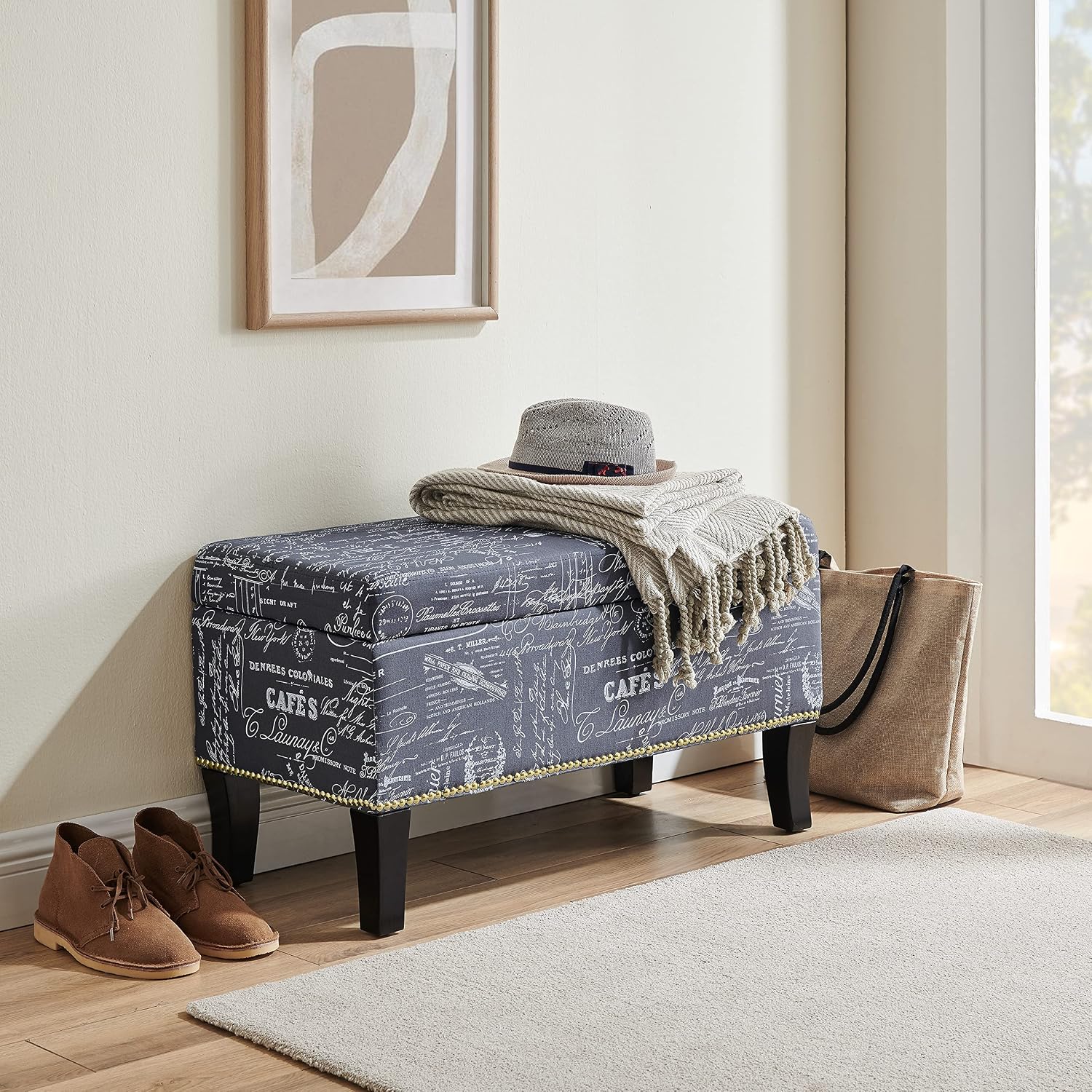Linon Stephanie Script Linen Ottoman, 32"W x 16"D x 18"H, Gray/Black