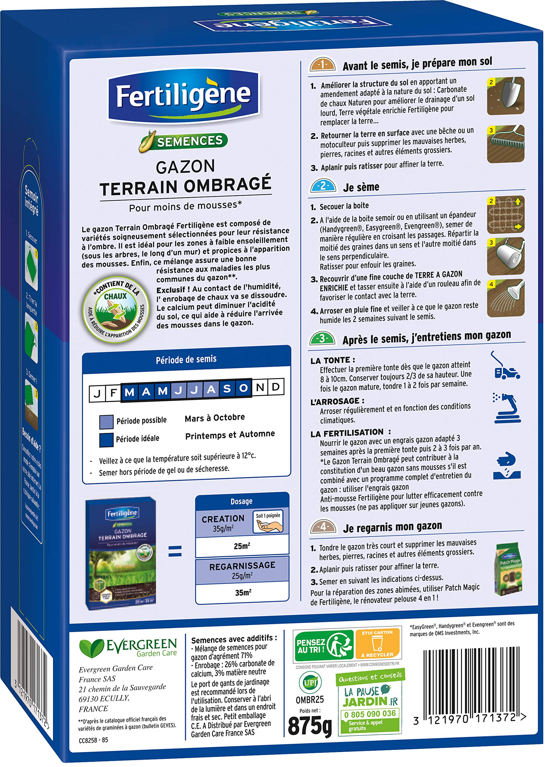 FERTILIGENE OMBR25 - Semences Gazon Terrain Ombragé 875 g - Pour 200m² - Premières pousses en 1 semaine