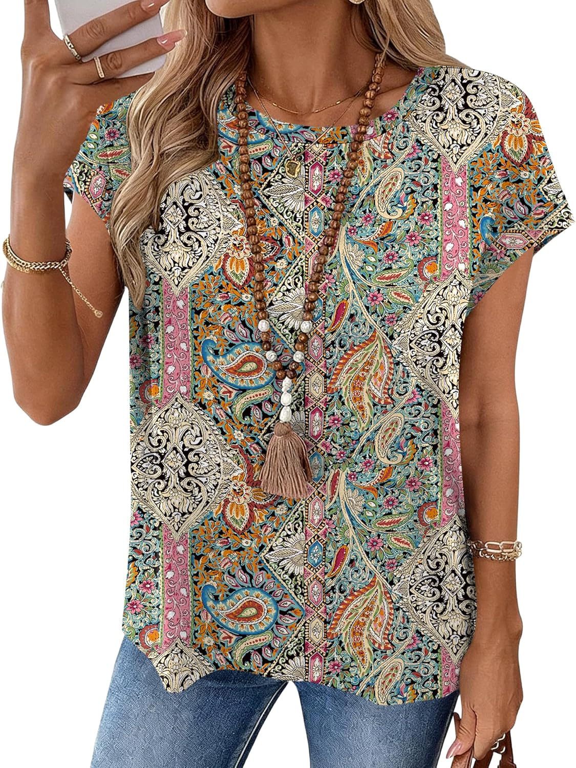 LOMON Womens Summer Tops Short Sleeve Shirts Cap Sleeve Tops Crew Neck Cute Trendy Tunic Blouses Dressy Casual Outfits 2026