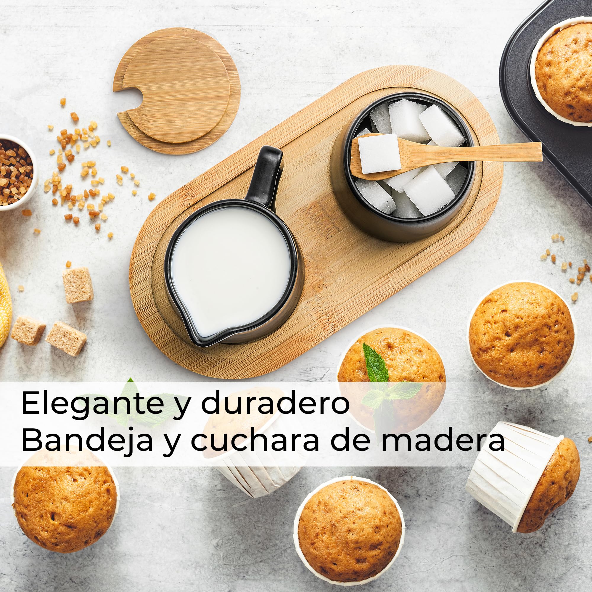 MIAMIO - Juego para servir crema y azúcar con tapa y cuchara/Accesorios de cerámica para el rincón del café - Apto para microondas y lavavajillas. (Negro)