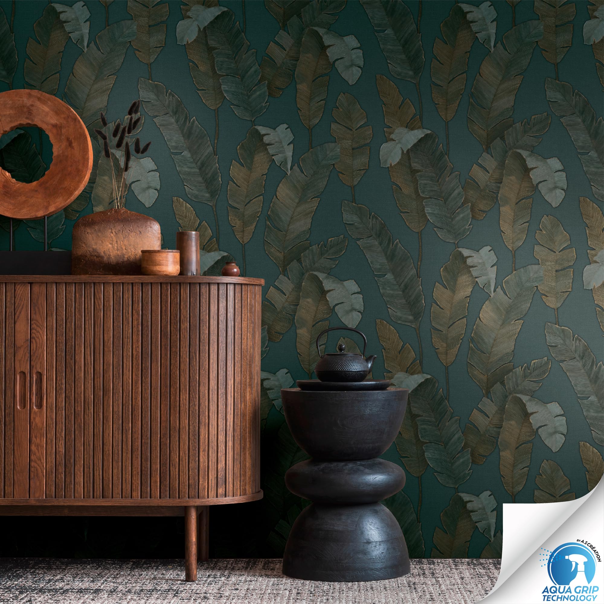 Livingwalls Wallpaper DESIGNDROP, precovered Botanical Non-Woven Wallpaper in Green, Blue, 10,05m x 0,53m - Image 4