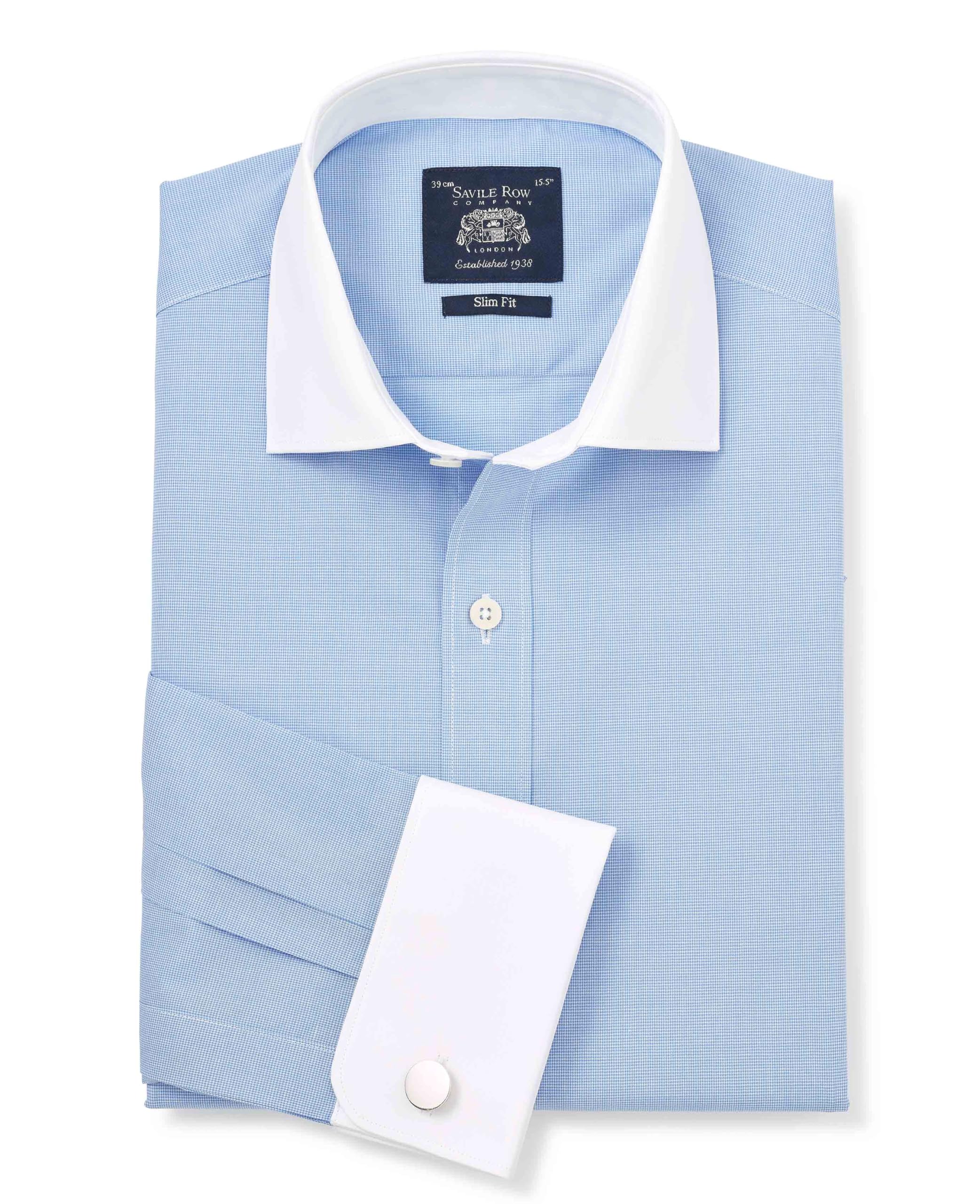 The Savile Row Company London Men's Blue Micro Check / White Collar & Cuffs Slim Fit Cotton Poplin Long Sleeve Winchester Shirt - Double Cuff - 15.5" Collar - Standard