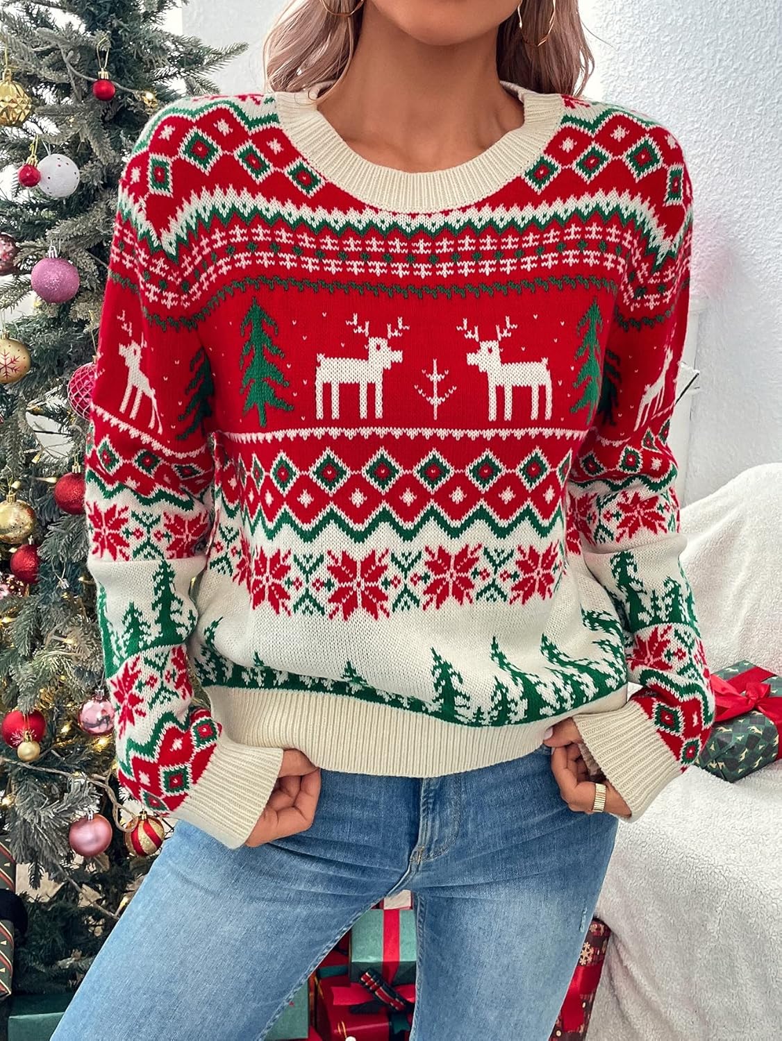 BEDAW Women's Sweater Christmas Pattern Round Neck Sweater Sweater for Women (Color : Multicolor, Size : Small)